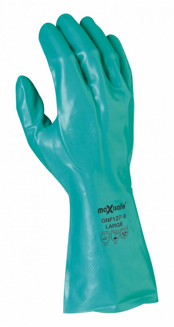 GNF127 - Maxisafe Green Nitrile Chemical Glove – 33cm Back