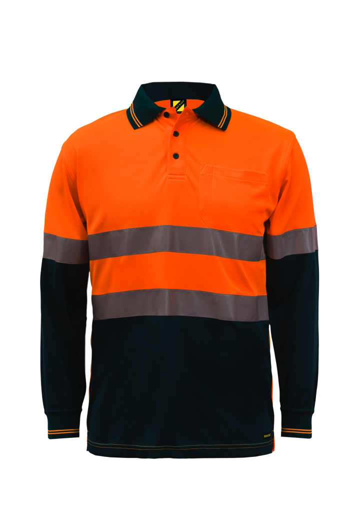 WSP409 HI VIS TWO TONE LONG SLEEVE MICROMESH POLO WITH POCKET AND CSR REFLECTIVE TAPE NO1