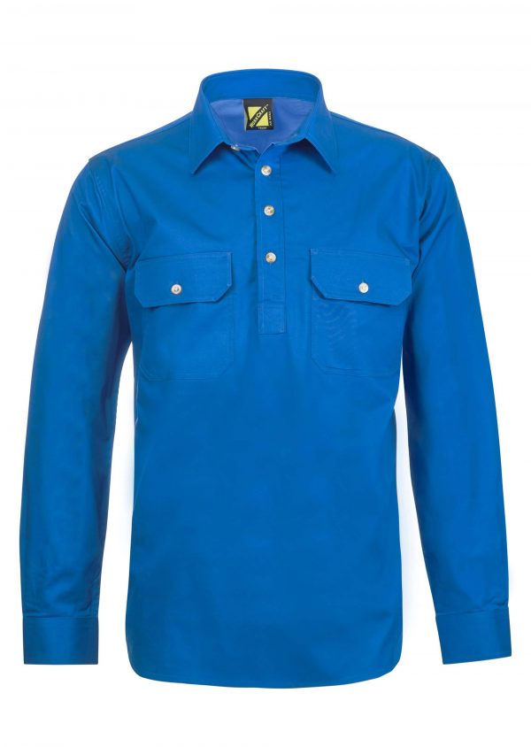 WS3029 Half Placket Cotton Shirt Long Sleeve Cobalt Blue