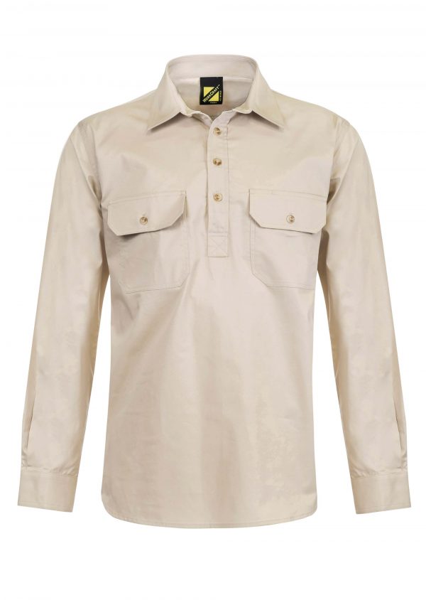 WS3029 Half Placket Cotton Shirt Long Sleeve Cream