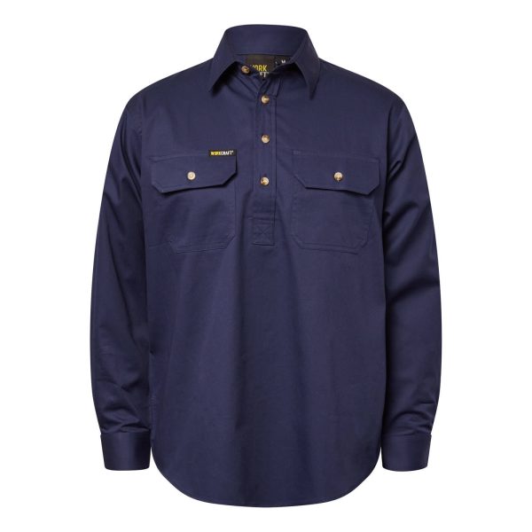 WS3029 Half Placket Cotton Shirt Long Sleeve Navy